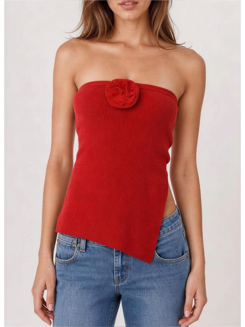 WITH JÉAN Belle Crushed Velvet Strapless Top, Red, XS
